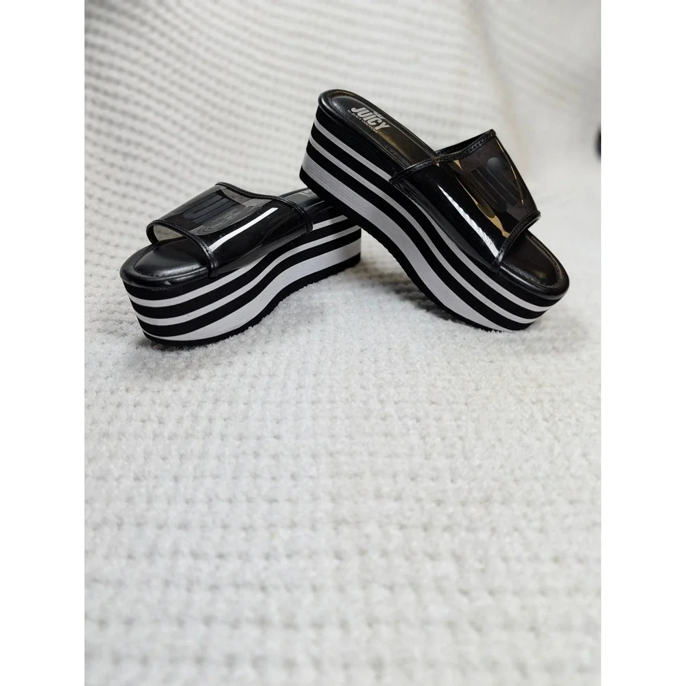 Juicy Couture Drena Black White Striped Platform Slide Sandals Logo Strap 7